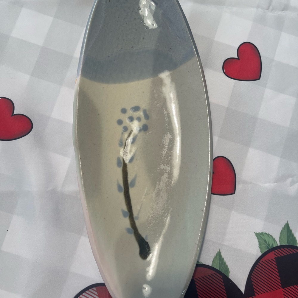 Mid century Elegant Gray Ceramic sushi Dish with hand painted Floral Design